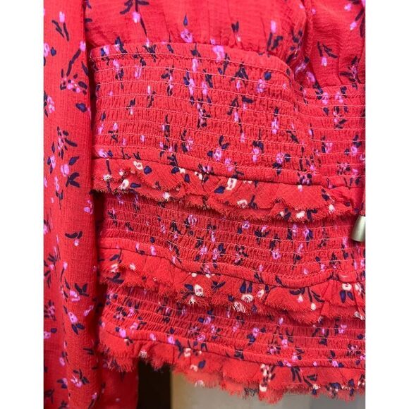 Free People Lolita Top Red Women's Keyhole Floral Pouf Square Neck Blouse Sz M - Picture 10 of 13